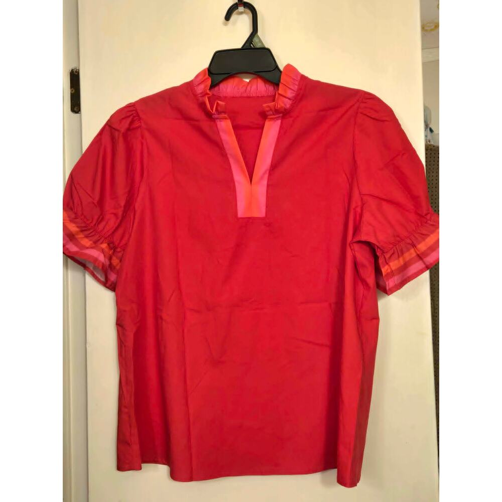 🍒 Pretty Cherry Red Cotton Blend Ruffle V-Neck Boutique Top ~ Size L